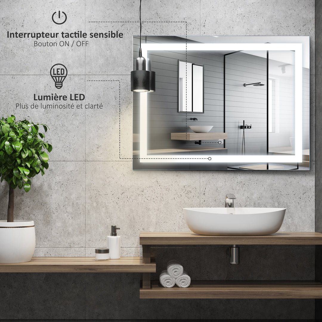 kleankin 80x60cm LED Bathroom Mirror Wall Mounted Vanity Light Illuminated w/ Touch Switch Accessories Home Furnishings