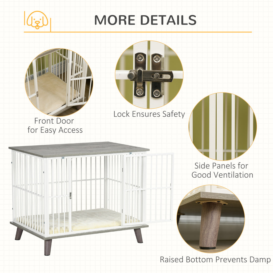 PawHut Dog Crate Furniture, Indoor Pet Kennel Cage, Top End Table w/ Soft Cushion, Lockable Door, for Small Dogs, 86 x 60 x 70 cm - Grey