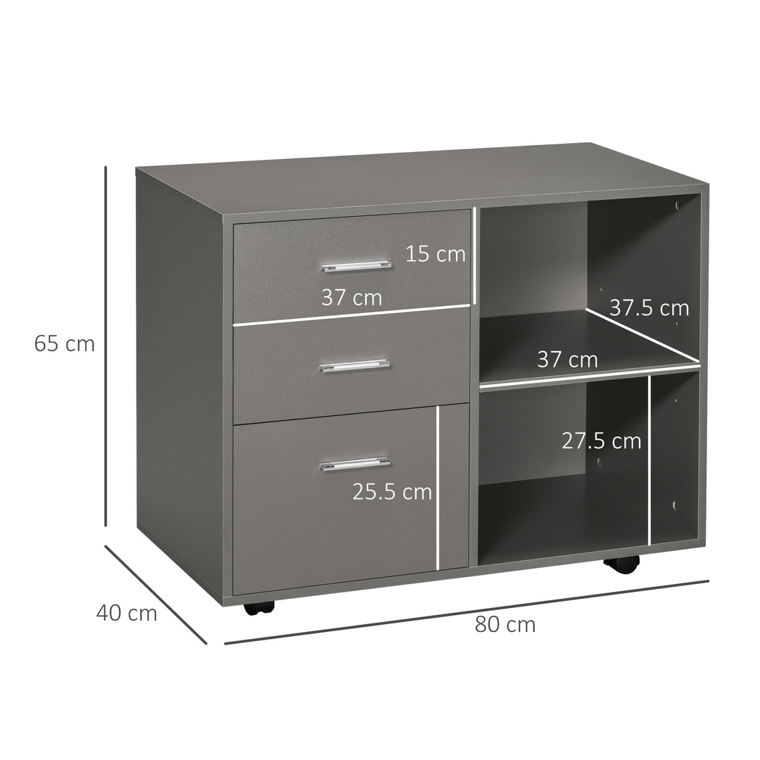 HOMCOM Freestanding Printer Stand Unit Office Desk Side Mobile Storage w/ Wheels 3 Drawers, 2 Open Shelves Modern Style 80L x 40W x 65H cm - Grey