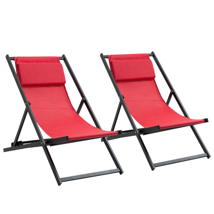 Set of 2 Folding Garden Beach Deck Chairs Deckchairs Seaside Folding Garden Patio Lounger, Red