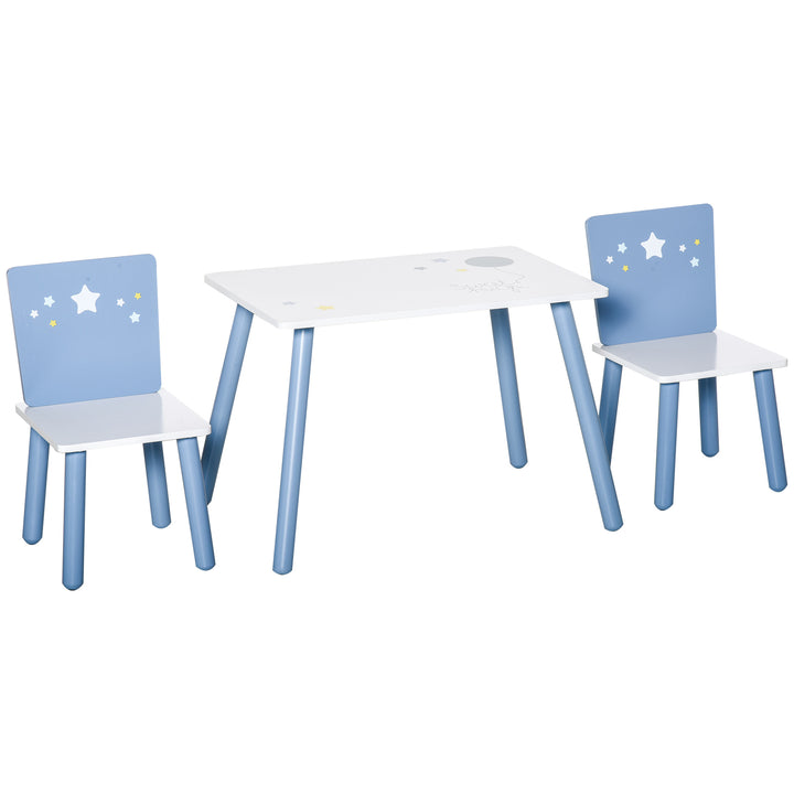 HOMCOM Kids Table and Chairs Set 3 Pieces 1 Table 2 Chairs Toddler Wooden Multi-usage Easy Assembly Star Image Ornament Blue and White