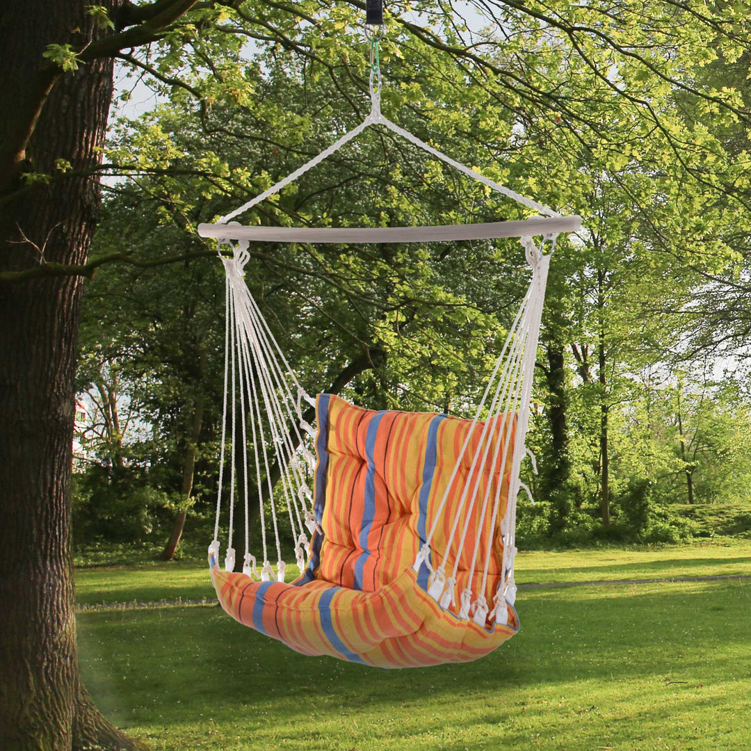 Outsunny Hanging Hammock Chair Cotton Rope Cushioned Chair Garden Yard Patio Swing Seat Wooden Cotton Cloth, Orange