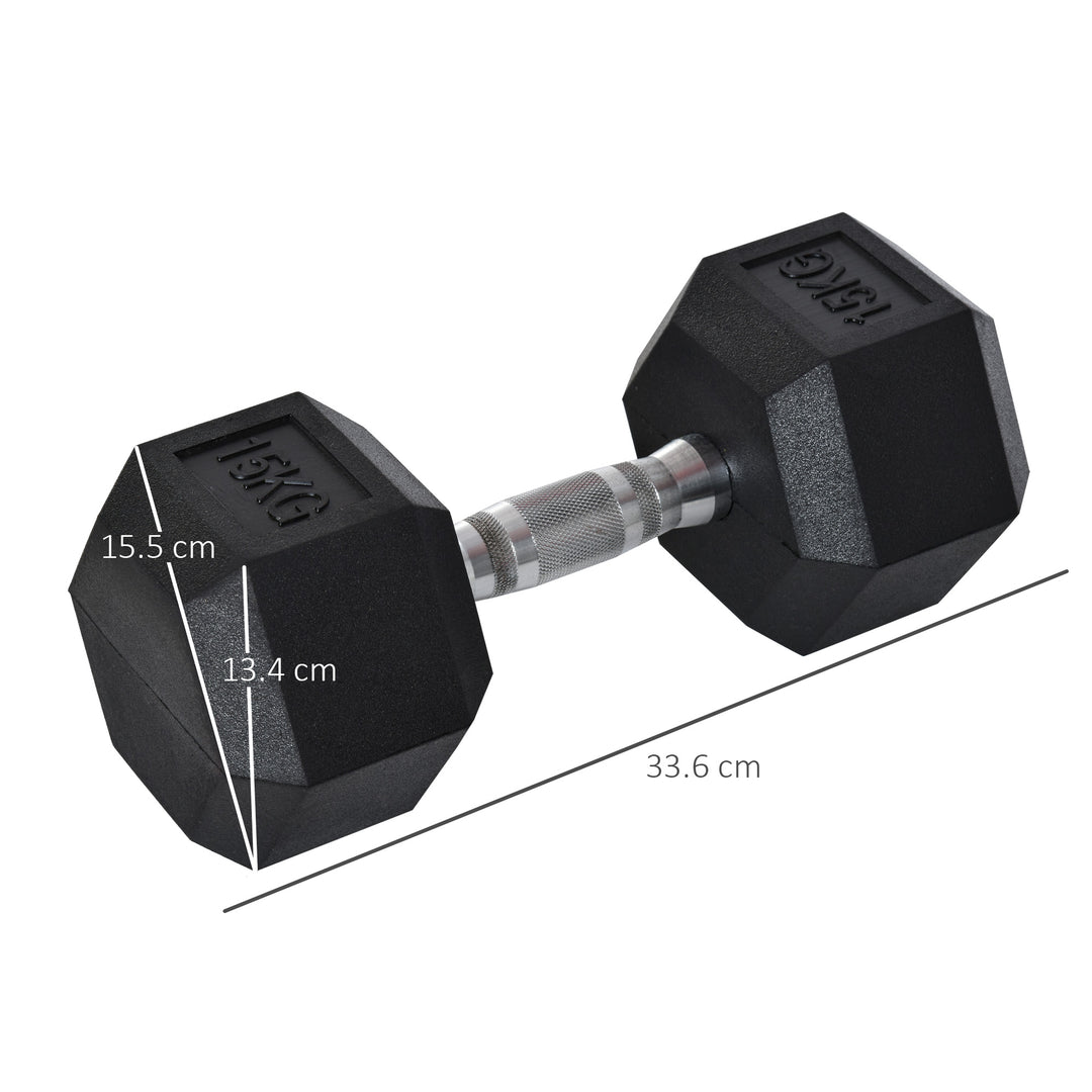 HOMCOM 15KG Single Rubber Hex Dumbbell Portable Hand Weights Dumbbell Home Gym Workout Fitness Hand Dumbbell