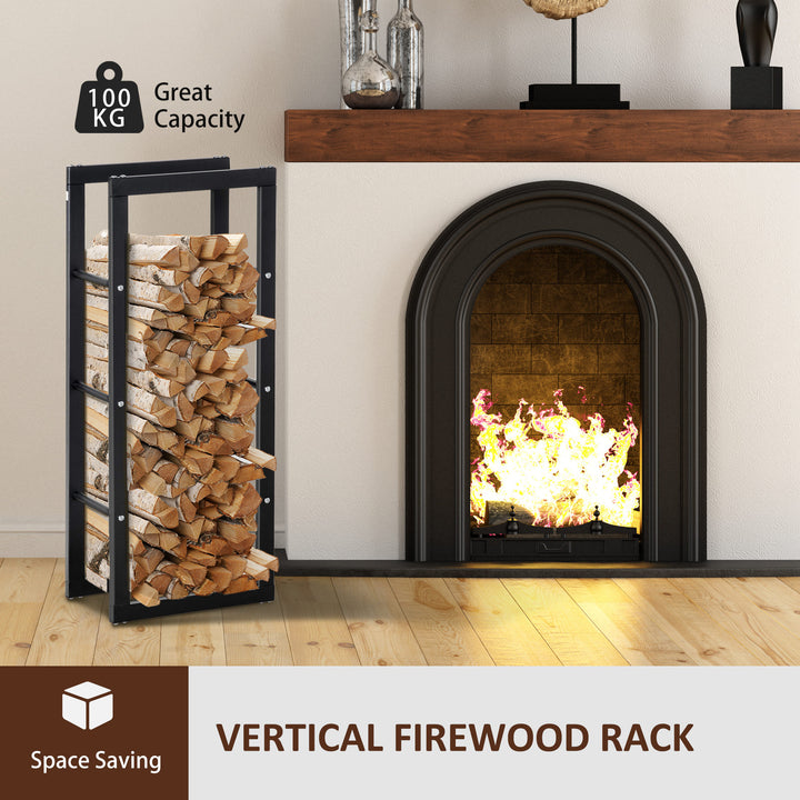 HOMCOM Metal Firewood Log Holder Tall Firewood Rack Indoor Outdoor Fireplace Wood Storage Shelf with Side Rails, Black, 40W x 25D x 100H cm