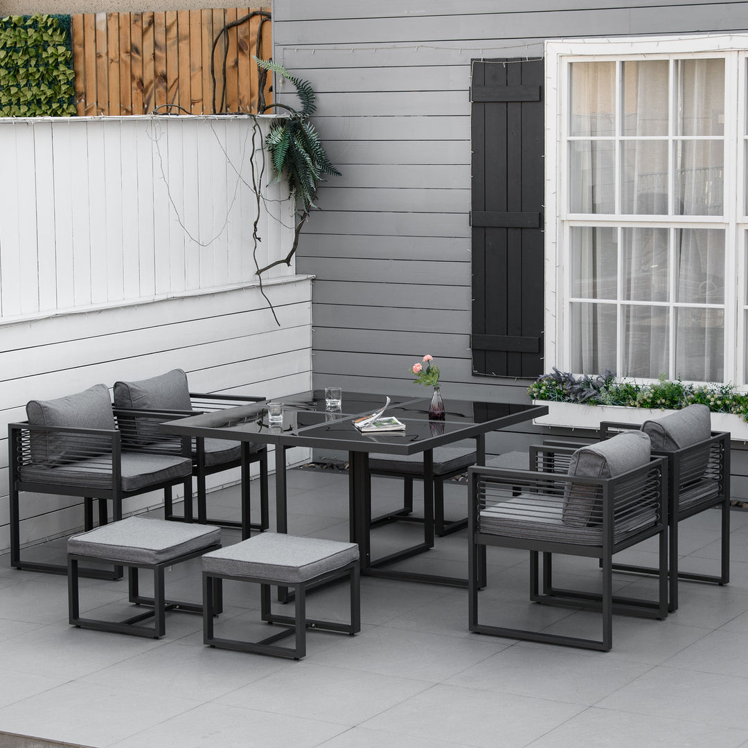 8 Seater Garden Dining Cube Set Aluminium Outdoor Furniture Set Dining Table, 4 Chairs and 4 Footstools with Cushion, Grey