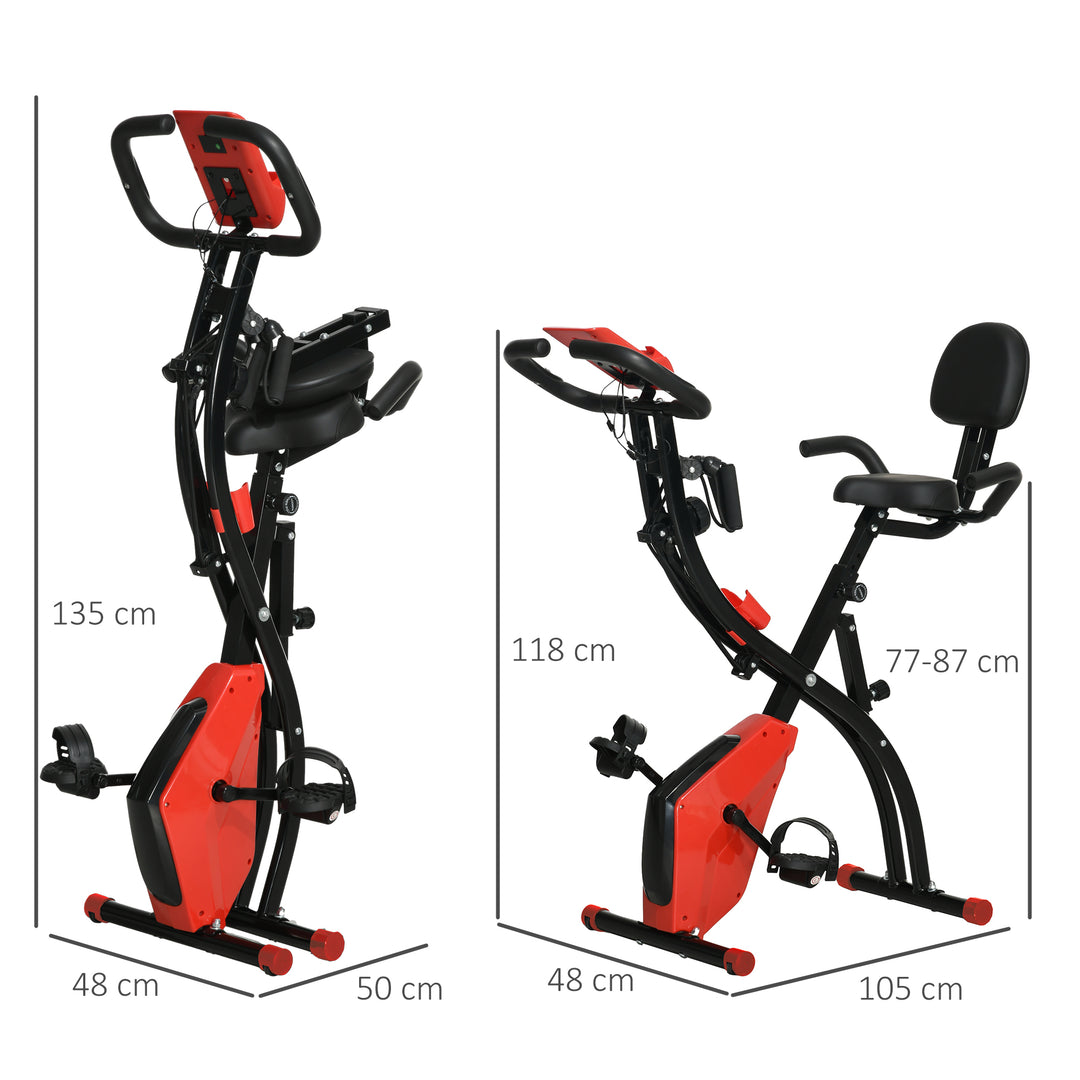 HOMCOM 2-In-1 Upright Exercise Recumbent Bike Adjustable Resistance Stationary Fitness Home Gym Foldable w/ Armrests LCD Monitor Cycling Wheels Red