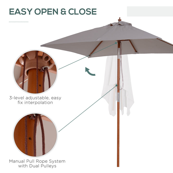 2m x 1.5m Patio Garden Parasol Sun Umbrella Sunshade Canopy Outdoor Backyard Furniture Fir Wooden Pole 6 Ribs Tilt Mechanism - Grey