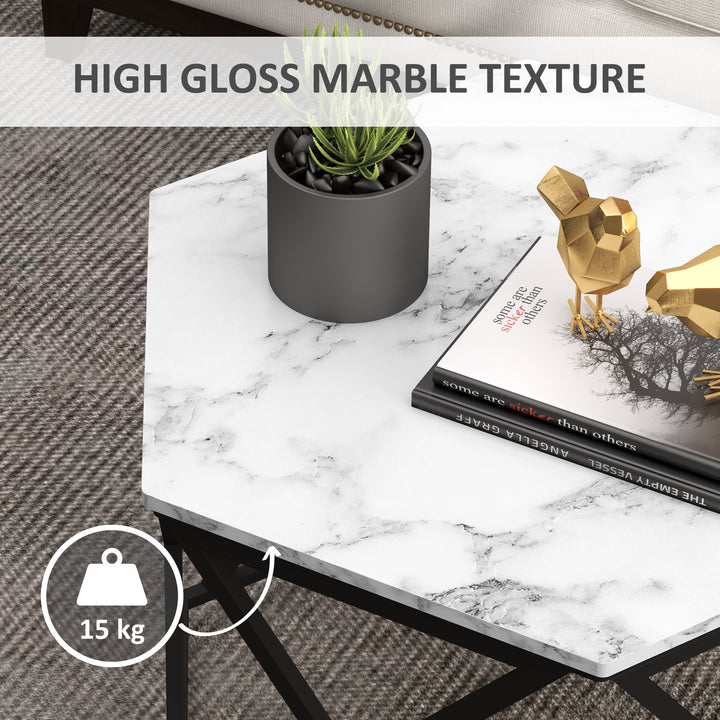 Coffee Table with High Gloss Marble Tabletop, Modern Cocktail Table with Steel Frame for Living Room, White