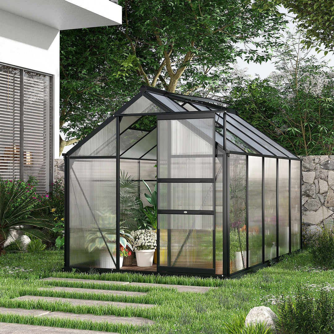 Outsunny Clear Polycarbonate Greenhouse Large Walk-In Green House Garden Plants Grow Galvanized Base Aluminium Frame with Slide Door, 6 x 10ft