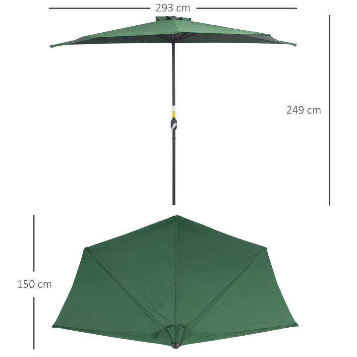 Outsunny 3(m) Half Parasol Semi Round Umbrella Patio Metal Frame Crank Handle for Balcony-- NO BASE INCLUDED, Green