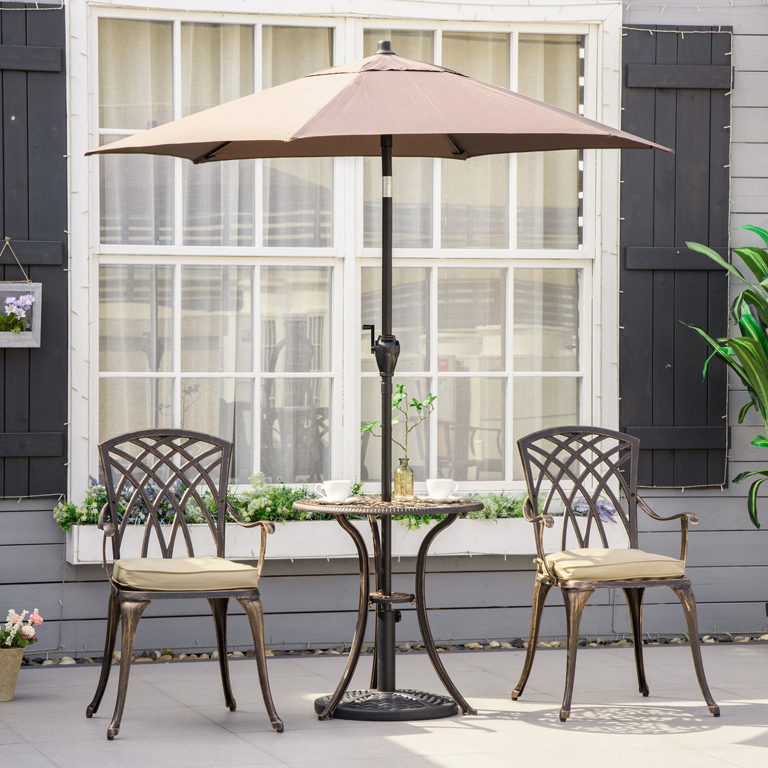 Outsunny 3 Piece Cast Aluminium Garden Bistro Set for 2 with Parasol Hole, Outdoor Coffee Table Set with Cushions - Bronze