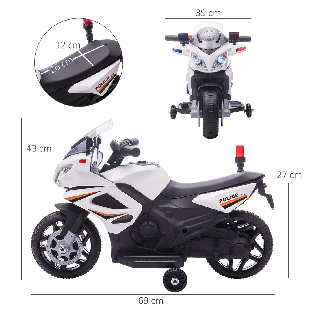 Kids 6V Electric Ride On Motorcycle Police Car Toy for 18 - 36 months White