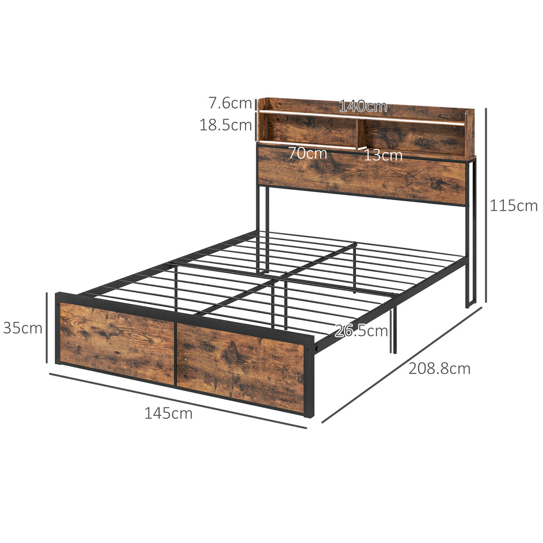 Industrial Double Bed Frame, 4.8FT Steel Bed Base with Storage Headboard, Footboard, Slatted Support and Under Bed Storage, 145 x 209cm, Rustic Brown