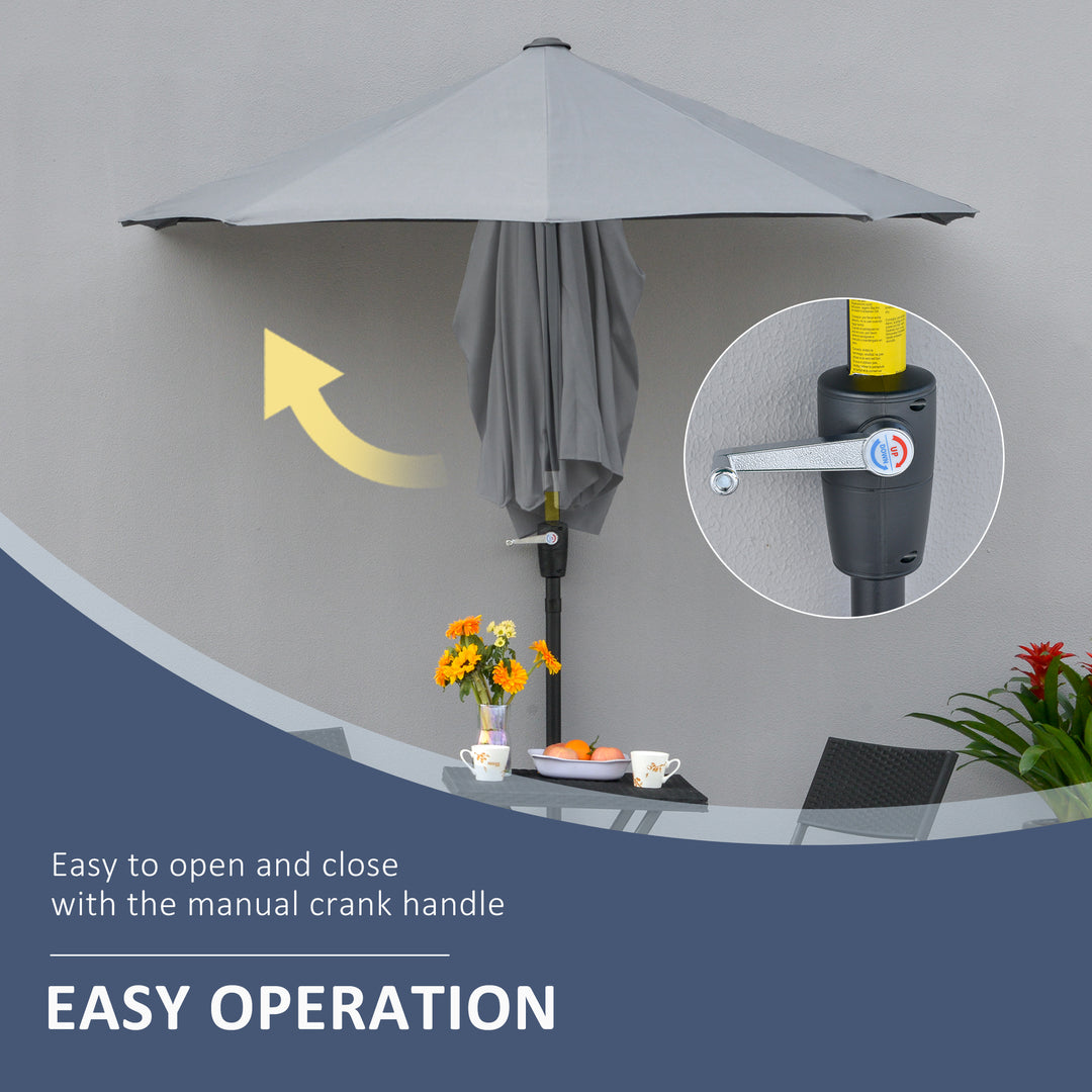 Outsunny 2m Half Parasol Market Umbrella Garden Balcony Parasol with Crank Handle, Cross Base, Double-Sided Canopy, Dark Grey