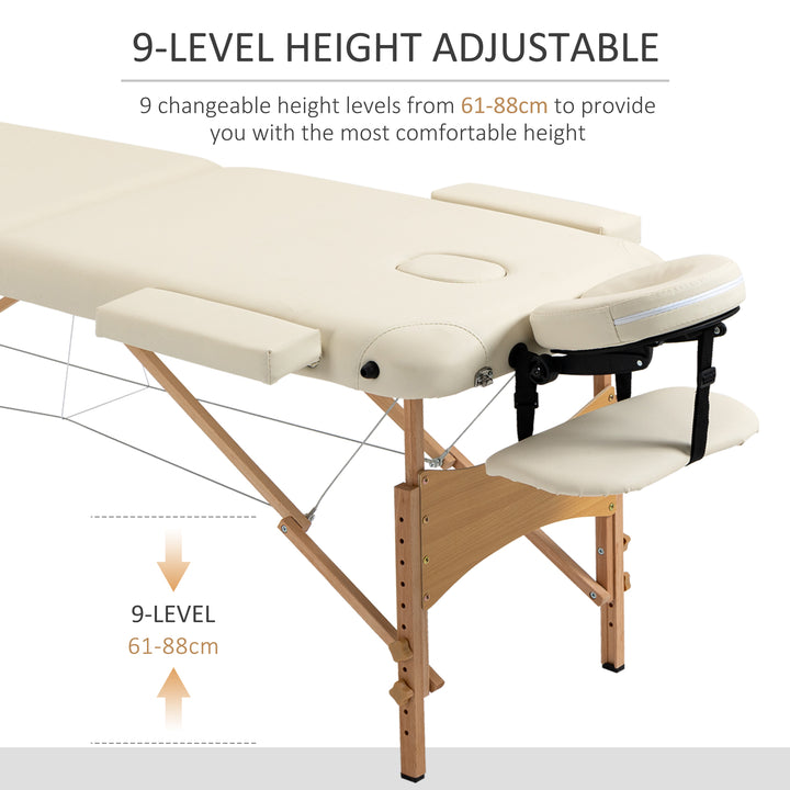 Portable Massage Bed, Folding Spa Beauty Massage Table with 2 Sections, Carry Bag and Wooden Frame, Cream