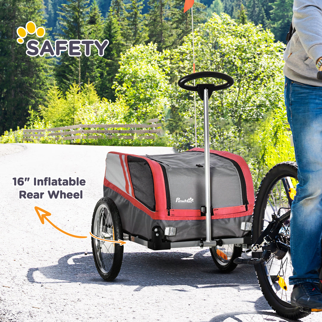 PawHut Dog Bike Trailer Two-In-One Trolley Stroller Cart Bicycle Carrier for Cat Puppy Travel w/ Reflectors Red Flag – Red