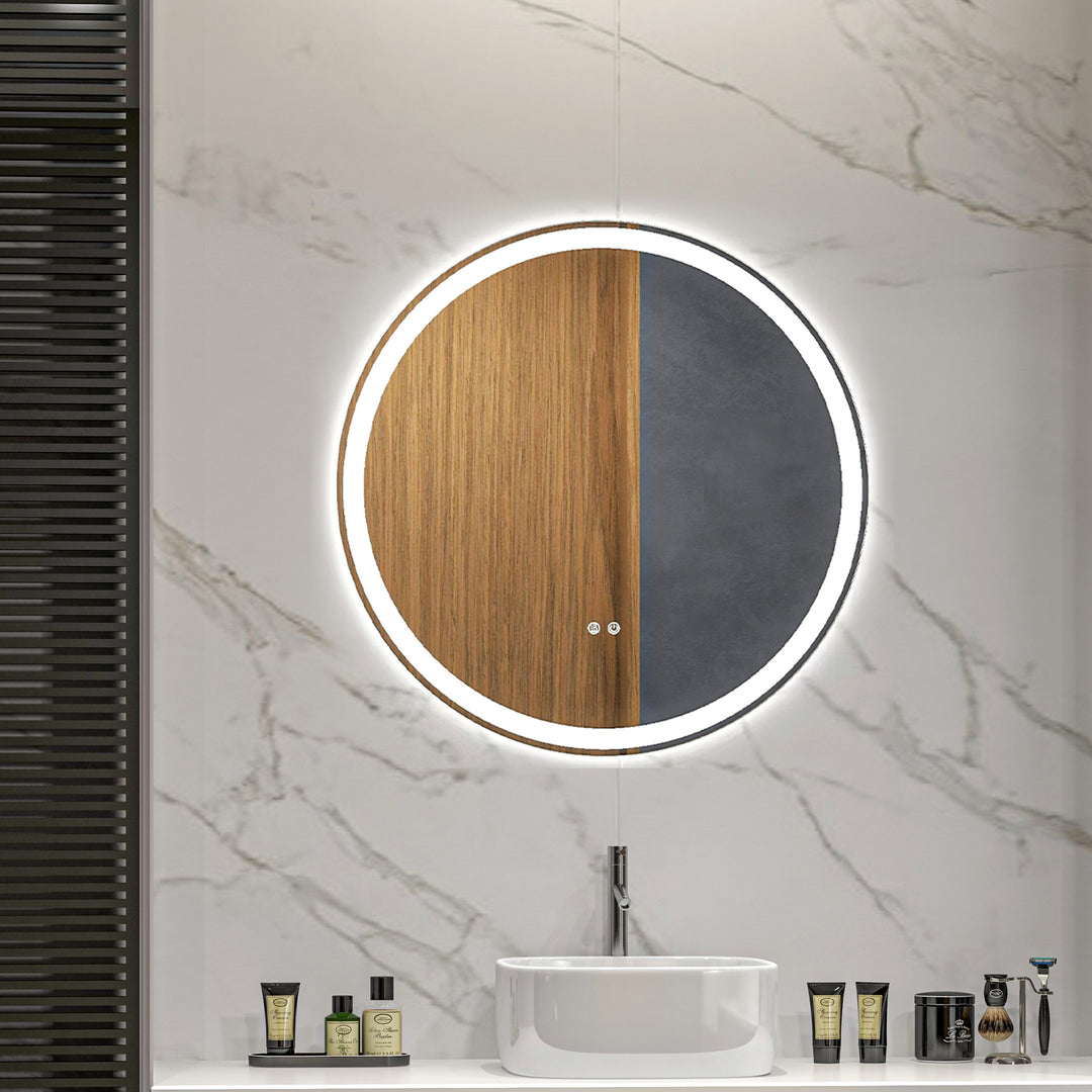 Kleankin Round Bathroom Mirror with LED Lights, 3 Temperature Colours, Defogging Film, Aluminium Frame, Hardwired, 60 x 60 cm