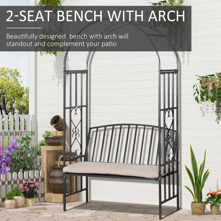 Garden Metal Arch Bench, Outdoor Furniture Chair with Cushion Outdoor Patio Rose Trellis Arbour Pergola, for Climbing Plant 114x 60 x 206 cm