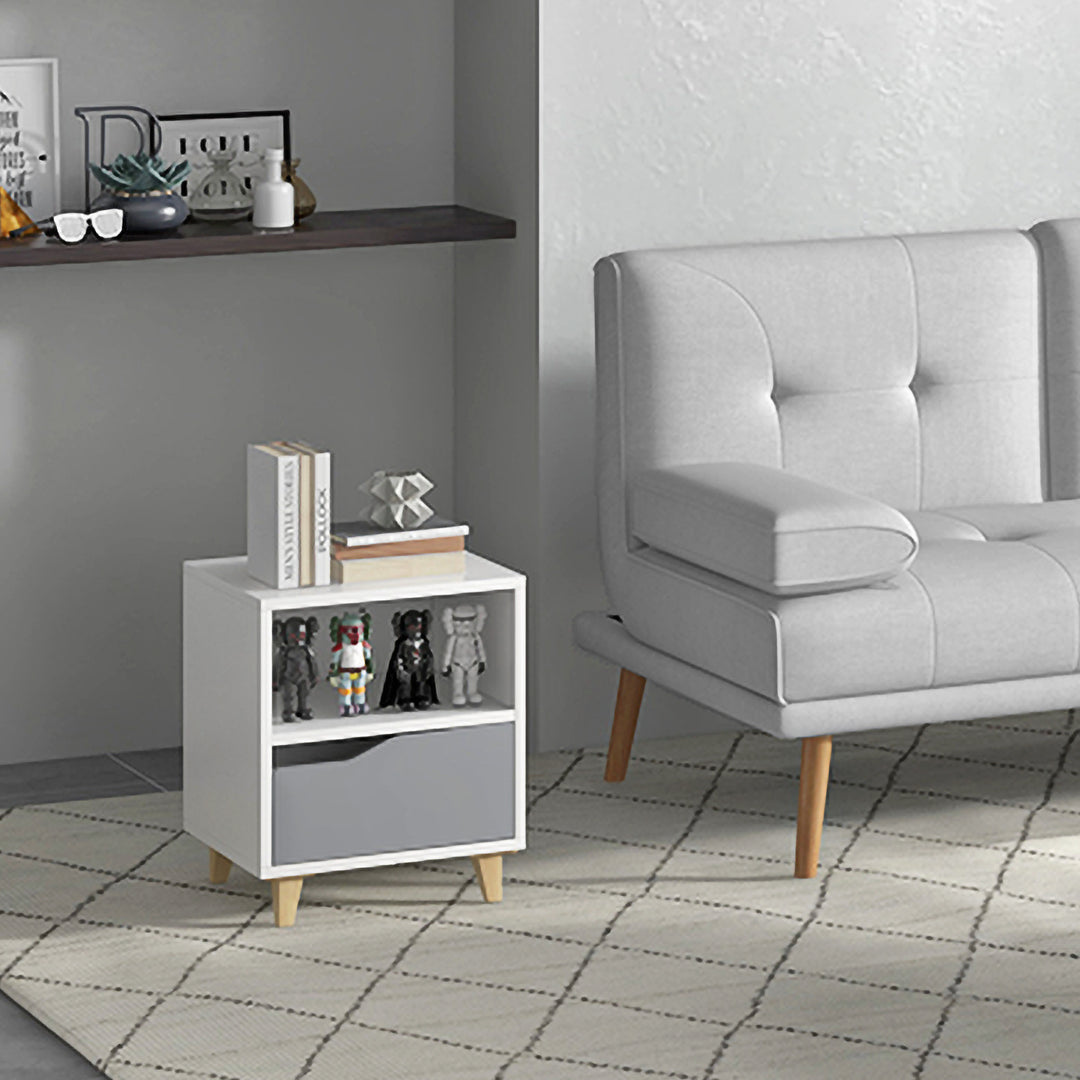 Modern Bedside Table, Side End Table with Shelf, Drawer and Wood Legs, 36.8cmx33cmx43.8cm, White and Grey