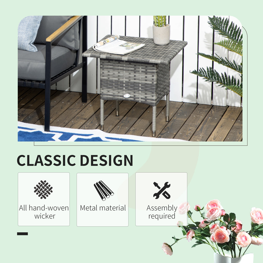 Rattan Side Table, Outdoor Coffee Table, with Plastic Board Under the Full Woven Table Top for Patio, Garden, Balcony, Mixed Grey