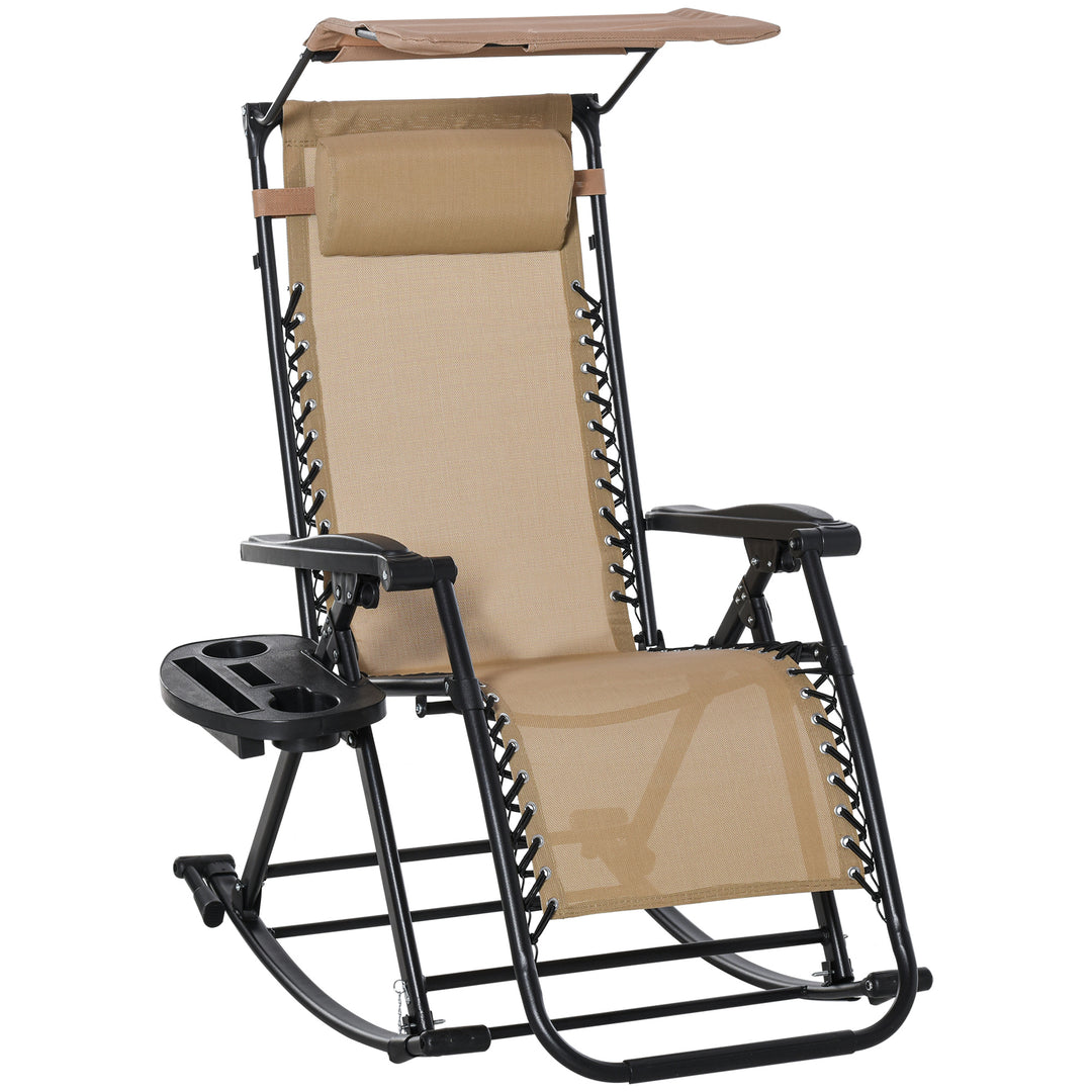 Garden Rocking Chair Folding Recliner with Headrest Side Holder Patio Deck - Beige