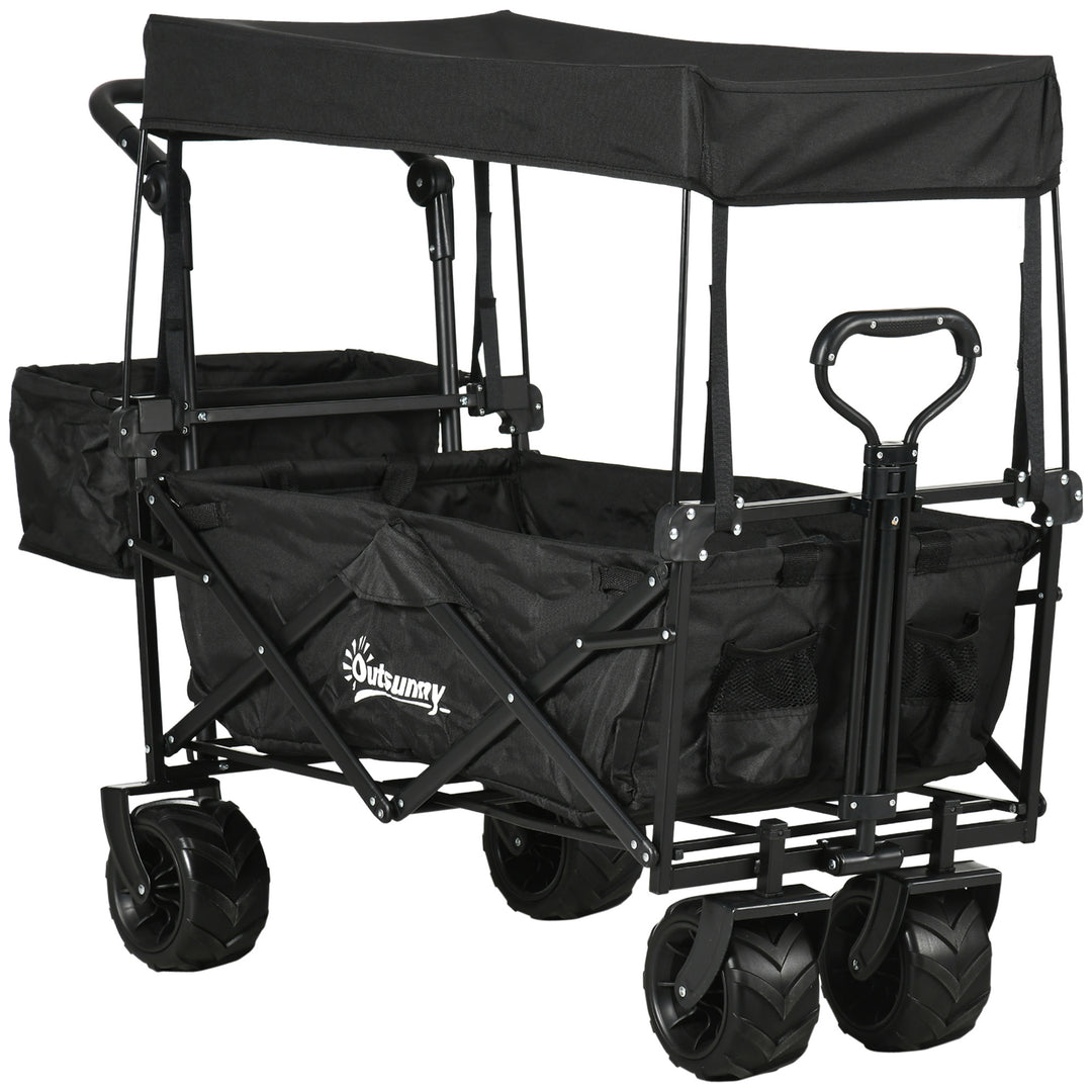 Outsunny Folding Trolley Cart Storage Wagon Beach Trailer 4 Wheels with Handle Overhead Canopy Cart Push Pull for Camping, Black