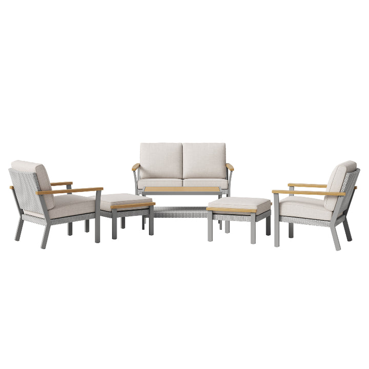 Sencillo Collection - 6 Piece Patio Furniture Set, 1 Coffee Table, 1 Loveseat, 2 Lounge Chairs and 2 Ottomans