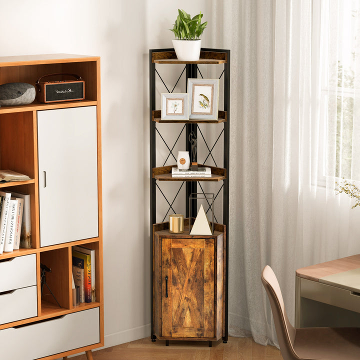 6-Tier Industrial Corner Storage Shelf with Adjustable Shelf-Rustic Brown