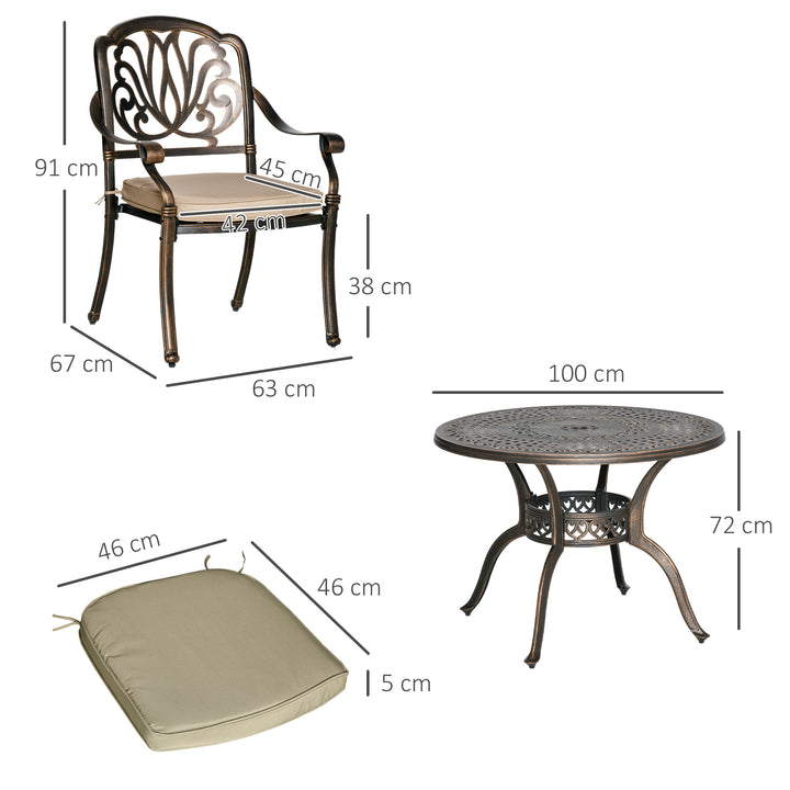 4 Seater Outdoor Dining Set Antique Cast Aluminium Garden Furniture Set with Cushions Round Dining Table with Parasol Hole, Bronze