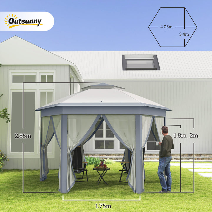 Outsunny Hexagon Patio Gazebo Pop Up Gazebo Outdoor Double Roof Instant Shelter with Netting, 4m x 4m, Grey