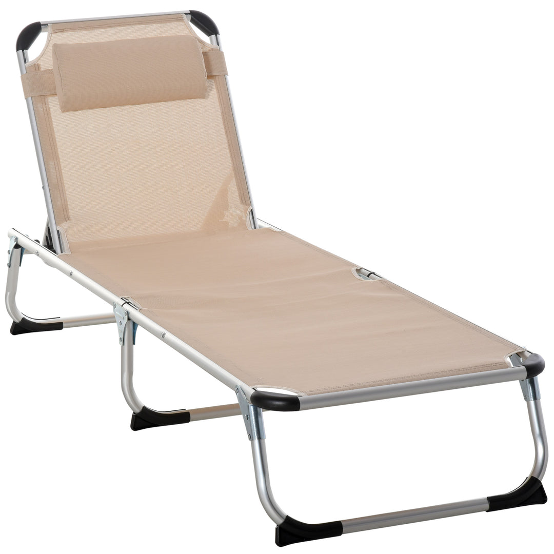 Outsunny Foldable Reclining Sun Lounger Lounge Chair Camping Bed Cot with Pillow 5-Level Adjustable Back Aluminium Frame Khaki