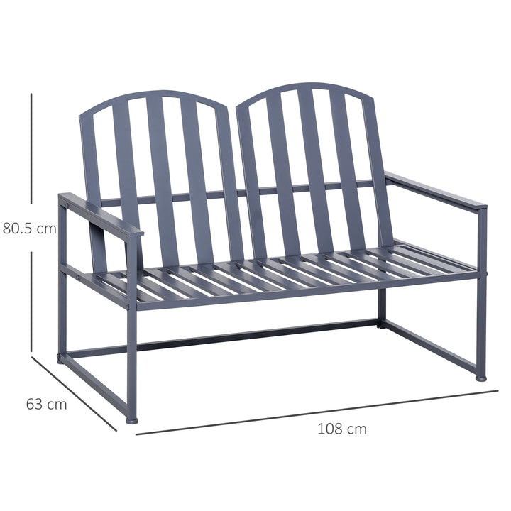 Garden Bench Loveseat 2 Seat Chair for Outdoor Park, Yard, Steel Frame, Decorative Slatted Design, Grey