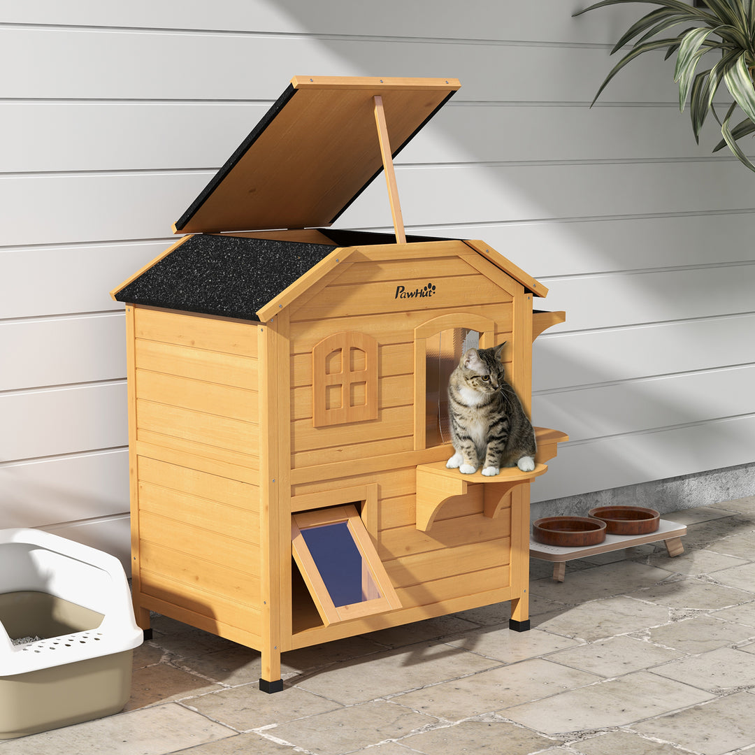 Wooden Cat House Condos Cat Cave Pet Shelter 2 Floor Villa Outdoor Furniture Natural Wood Finish