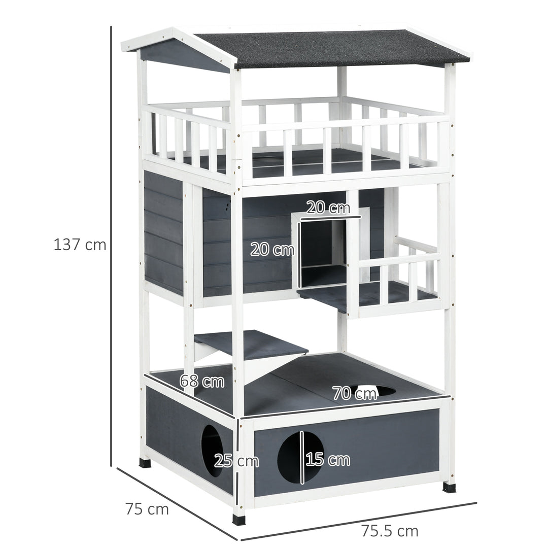 PawHut Cats Fir Wood 3-Tier Waterproof Play House Grey