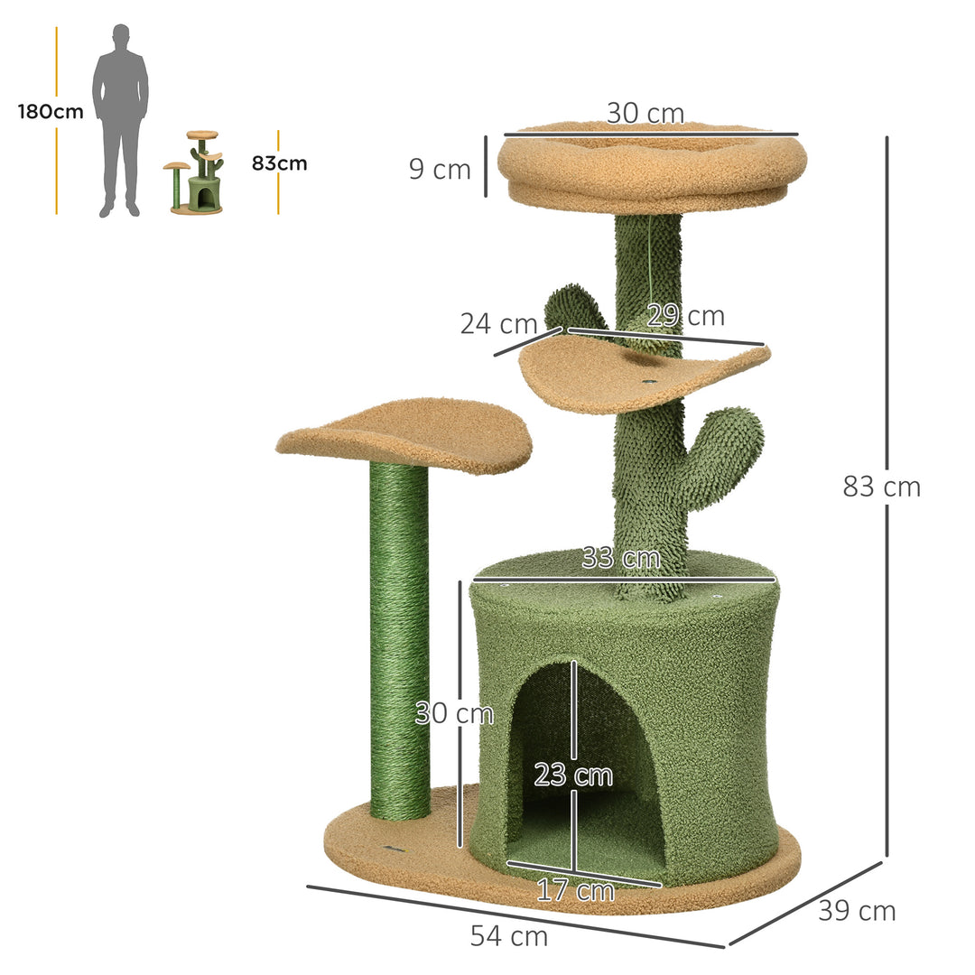 PawHut Cactus Cat Tree, 83cm Cat Climbing Tower, kitten Activity Centre with Teddy Fleece House, Bed, Sisal Scratching Post and Hanging Ball, Green