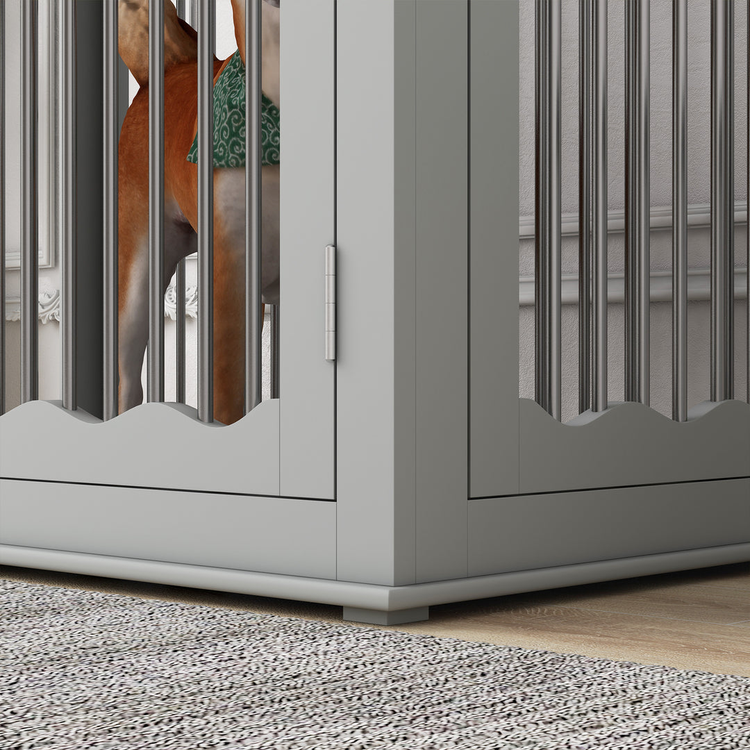 Dog Crate End Table w/ Three Doors, Furniture Style Dog Crate, for Big Dogs, Indoor Use w/ Locks and Latches - Grey