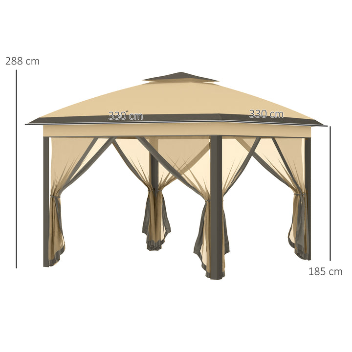 Outsunny 11' x 11' Pop Up Canopy, Double Roof Foldable Canopy Tent with Zippered Mesh Sidewalls, Height Adjustable and Carrying Bag, Event Tent Beige