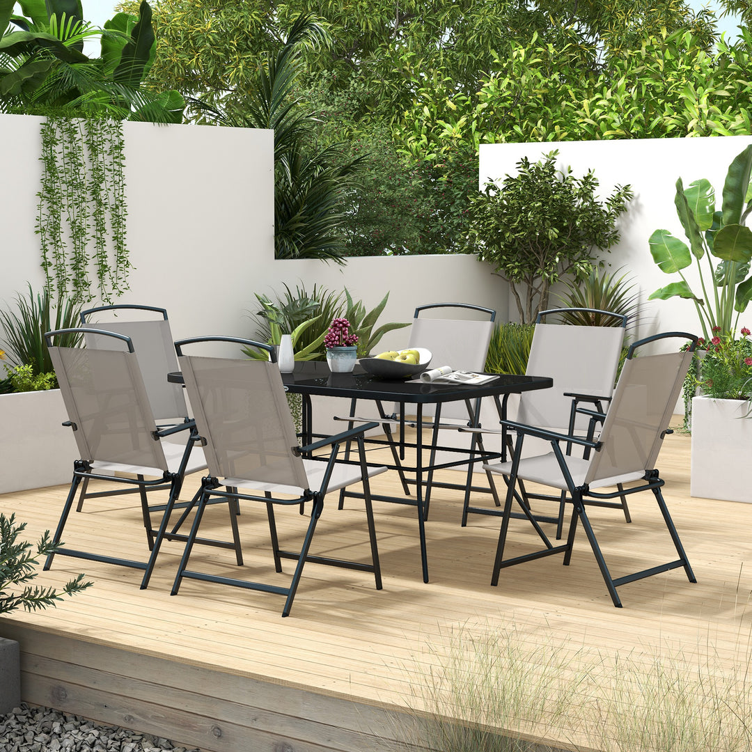 7 Piece Garden Furniture Set with Glass Dining Table and Folding Chairs, 6 Seater Outdoor Patio Furniture for Deck and Balcony, Black