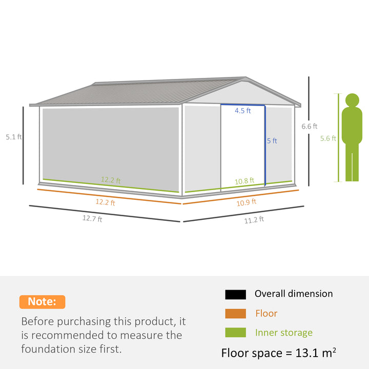 Outsunny 13 x 11ft Garden Metal Storage Shed Outdoor Storage Shed with Foundation Ventilation & Doors, Light Grey