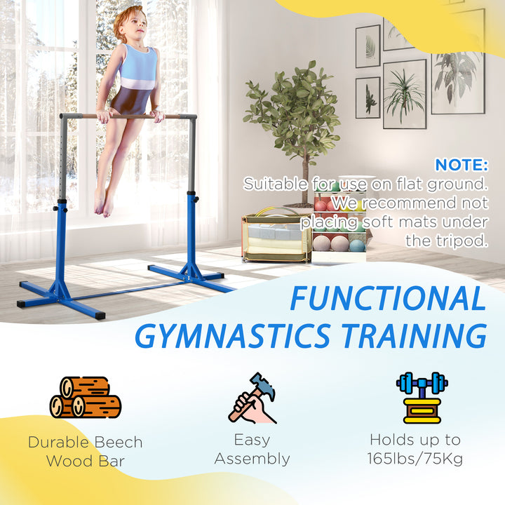 Height Adjustable Gymnastics Horizontal Bar For Kids Home Gym Training Children Junior Kip High Bar Fitness Blue w/ Steel Frame Wood