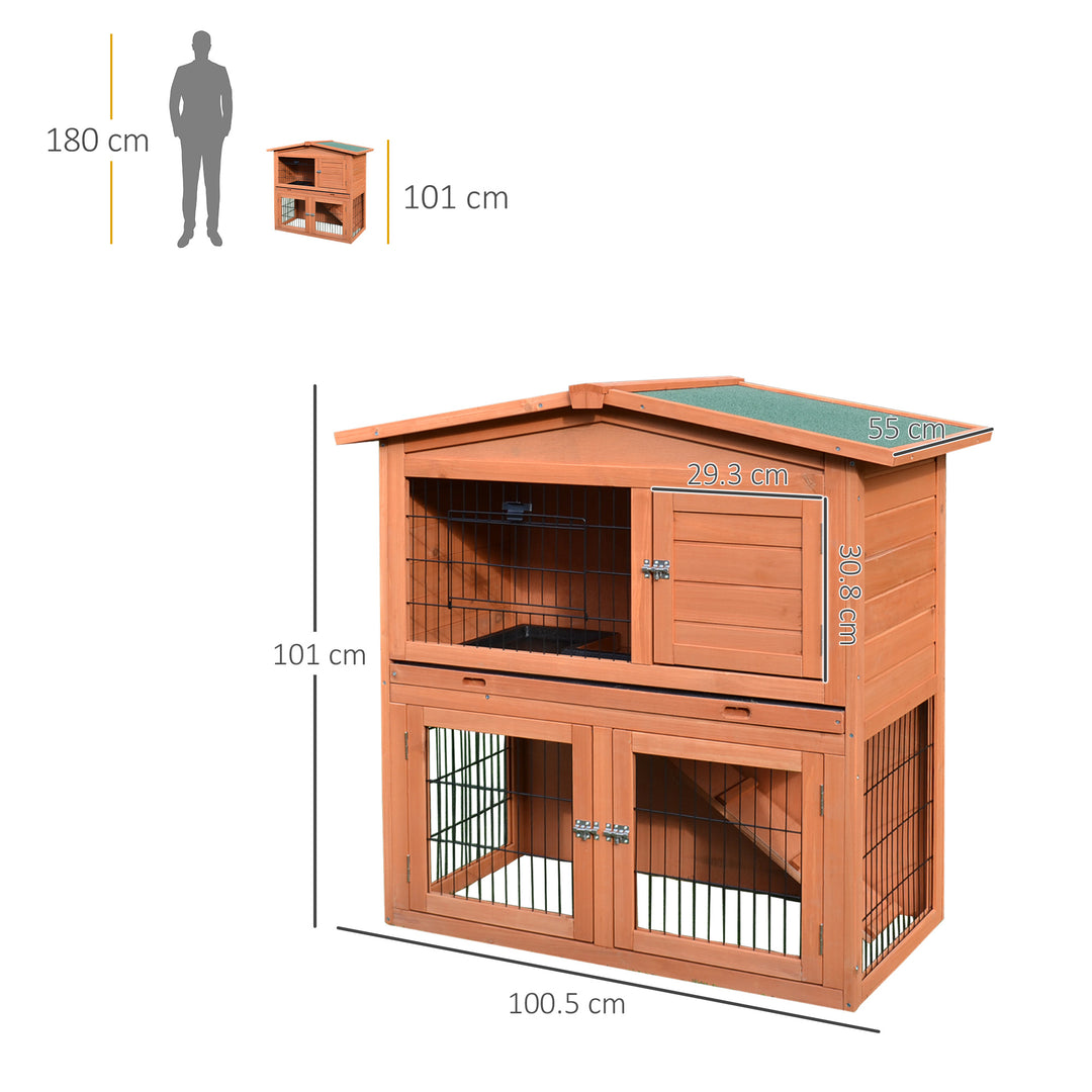 PawHut 2 Tier Rabbit Hutch Guinea Pig Hutch Ferret Cage with Ramp Slide Out Tray for Indoor Outdoor 100.5 x 55 x 101 cm