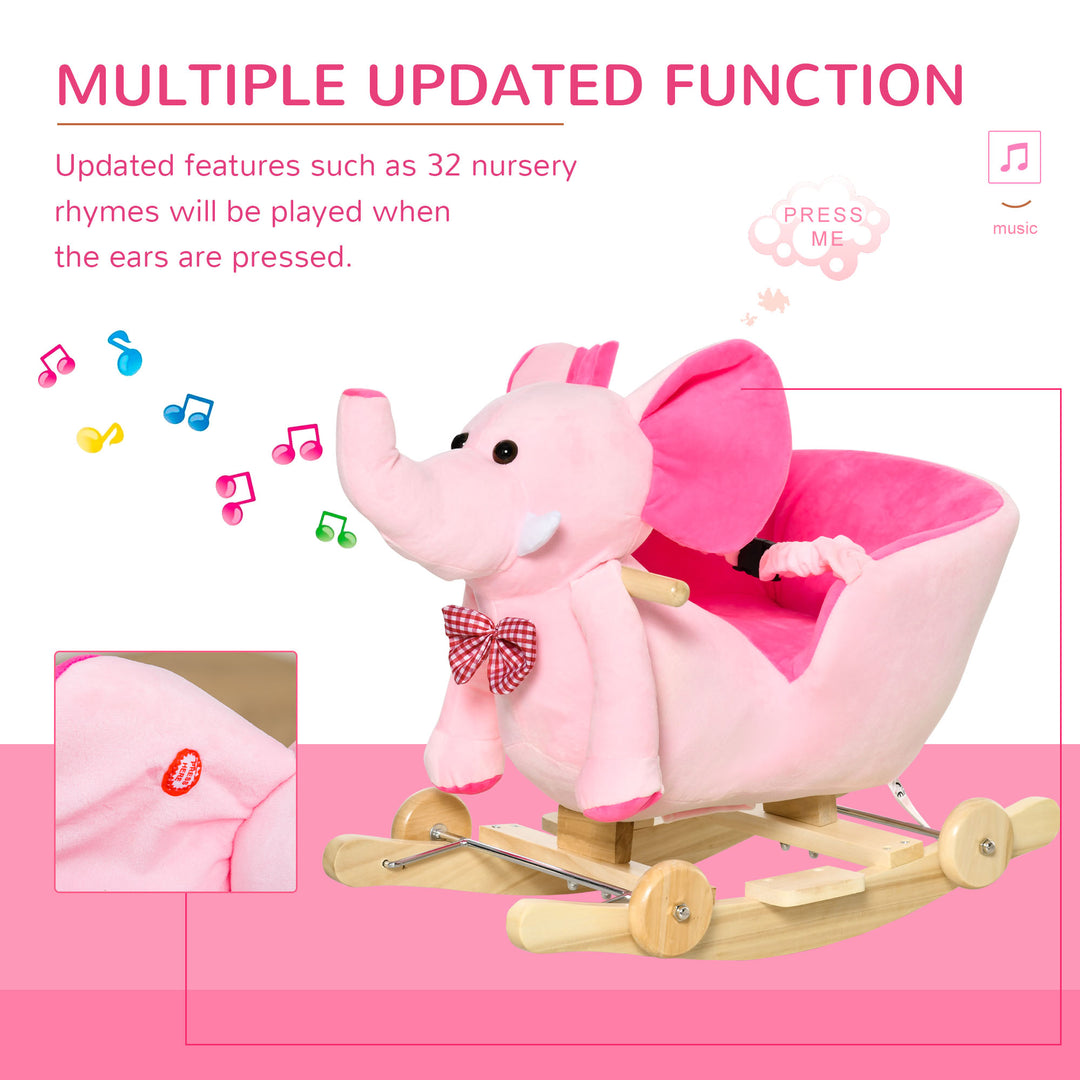 Plush Baby Ride on Rocking Horse Elephant Rocker with Wheels Wooden Toy for Kids 32 Songs (Pink)