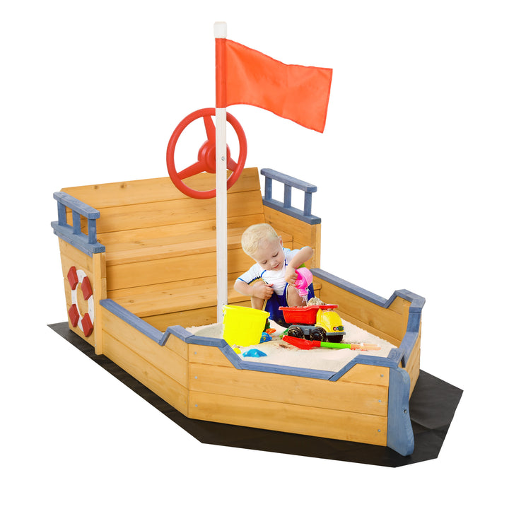 Kids Wooden Sandpit Children Sandbox Pirate Ship Sandboat Outdoor Backyard Playset Play Station w/ Bench Bottom Liner