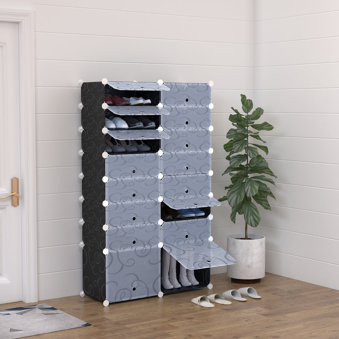 HOMCOM Large 16-Cube DIY Shoes Rack Portable Interlocking Plastic Cabinet 8 Tier Footwear Organiser Bedroom 32 Pairs