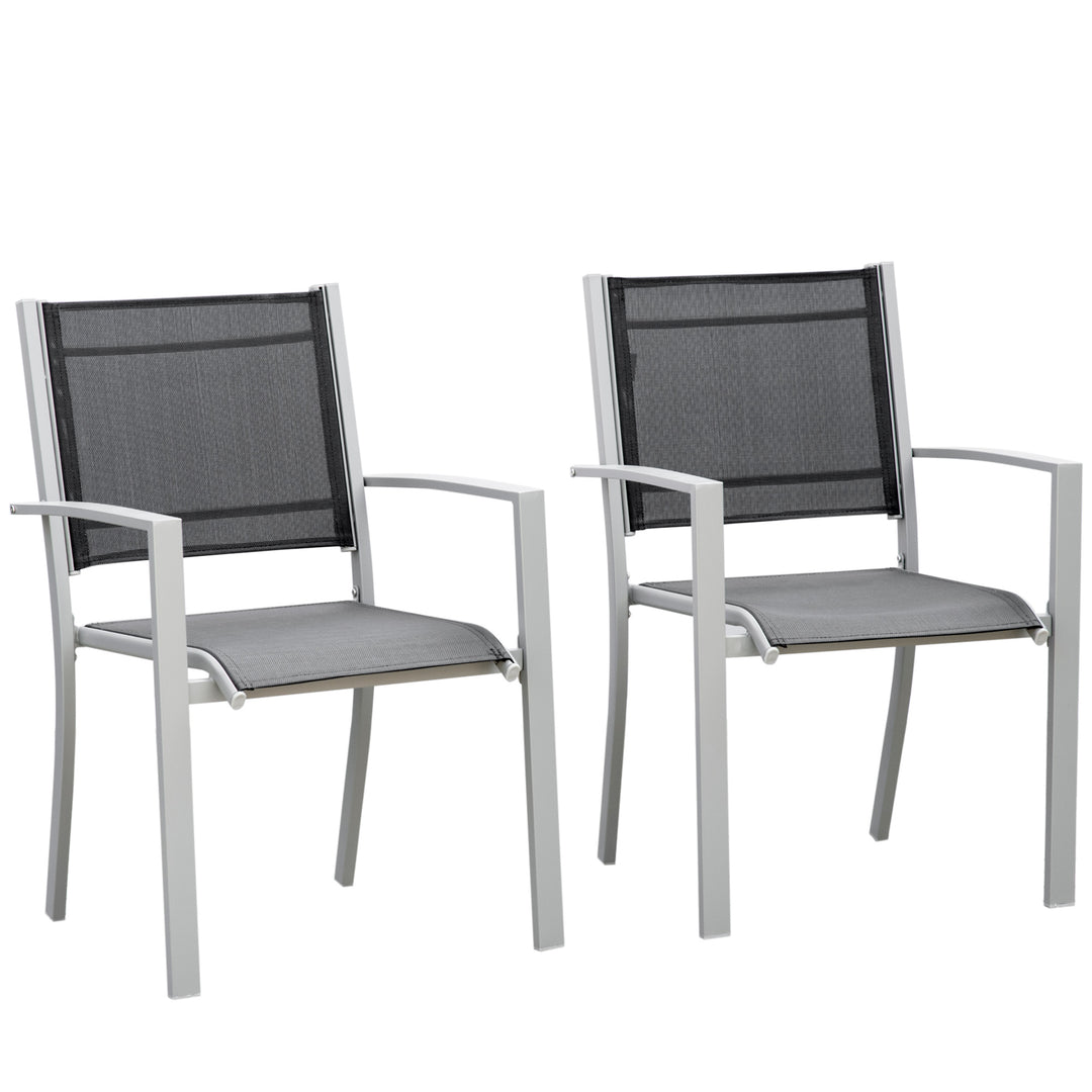Set Of 2 Outdoor Chairs Square Steel Frame Texteline Seats Foot Caps Mesh Boxy Comfortable Easy Clean Black Grey