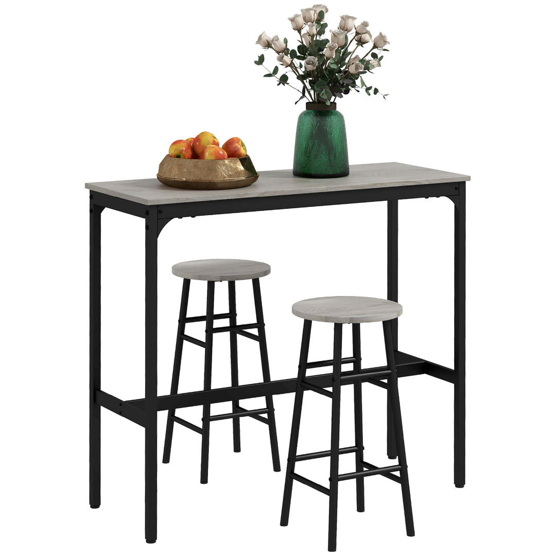 3 Piece Bar Table Set with 2 Stools, Industrial Bar Table and Stool Set, Dining Table and Chair Set for Small Space, Grey