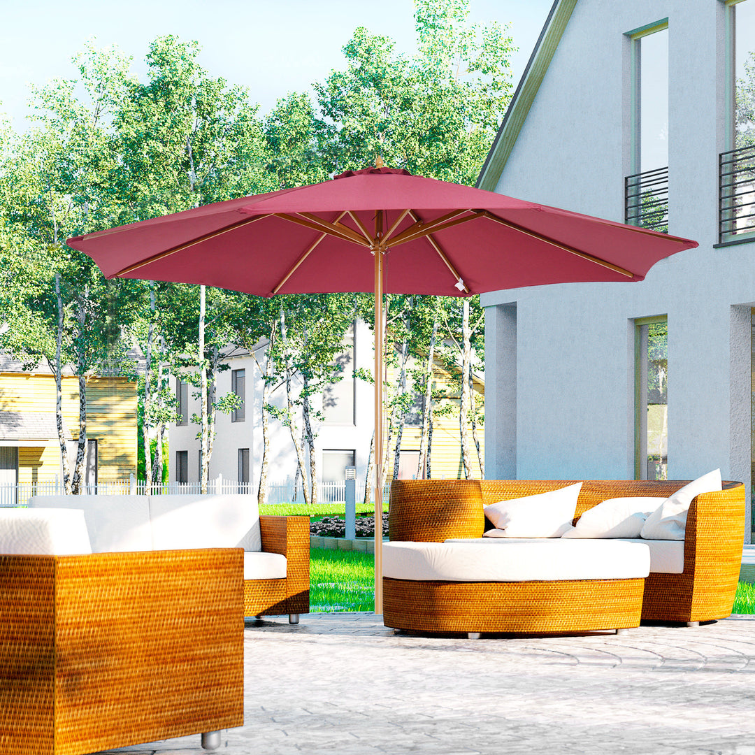 Outsunny ⌀3m Bamboo Wooden Market Patio Umbrella Garden Parasol Outdoor Sunshade Canopy, 8-ribs,Wine Red