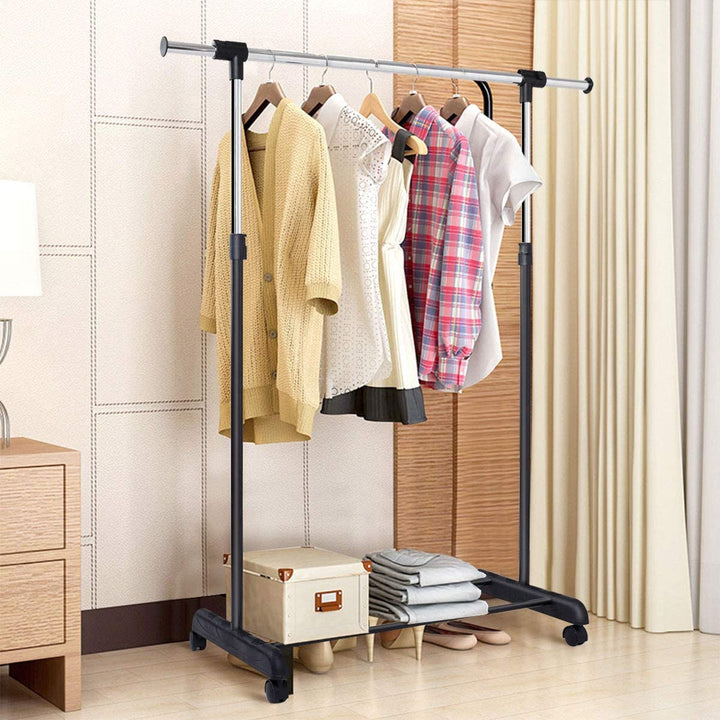 Adjustable Single Rail Garment Rack with Wheels and Bottom Shelf