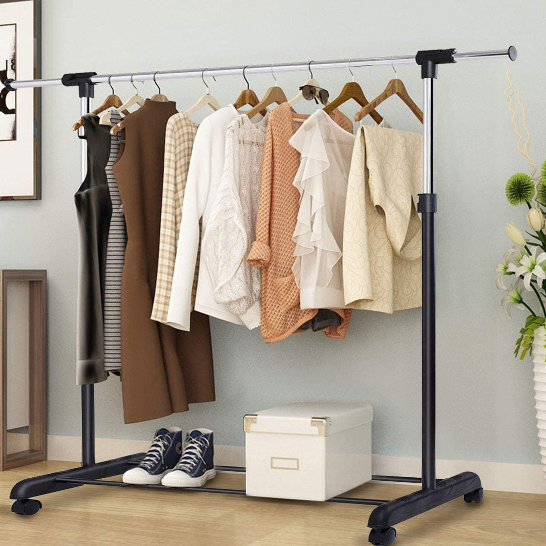 Adjustable Single Rail Garment Rack with Wheels and Bottom Shelf