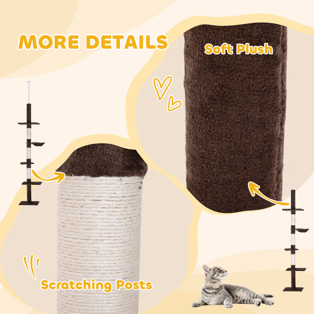 PawHut Floor to Ceiling Cat Tree for Indoor Cats 5-Tier Kitty Tower Climbing Activity Center Scratching Post Adjustable Height 230-260 cm Brown